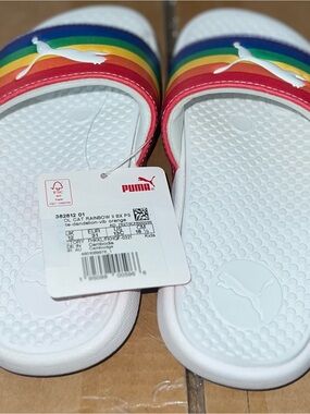 Puma Kids White Slides with Rainbow Strap